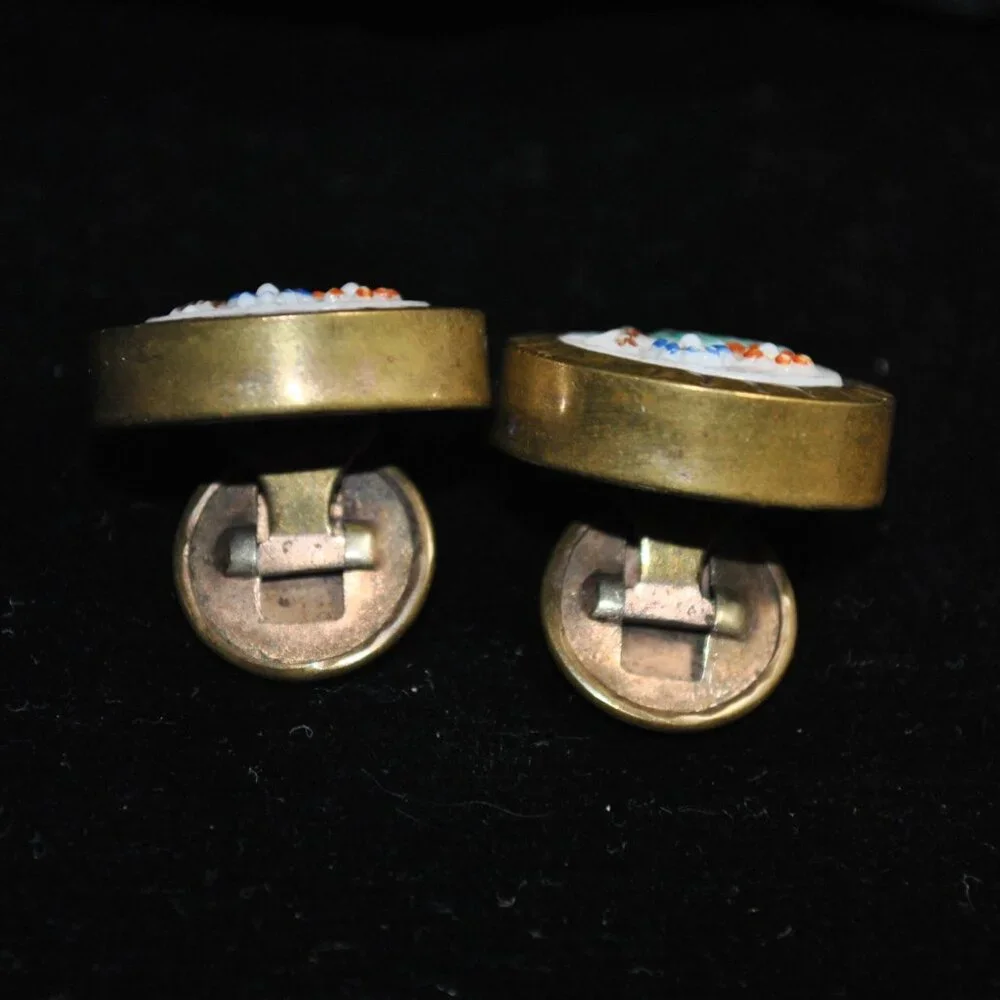 Antique Victorian Milk Glass Cufflinks with Painted Flowers